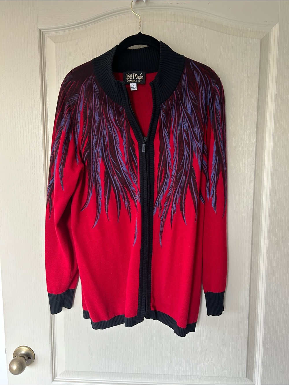 Vintage Bob Mackie Red Zip-Front Sweater with Feather Pattern